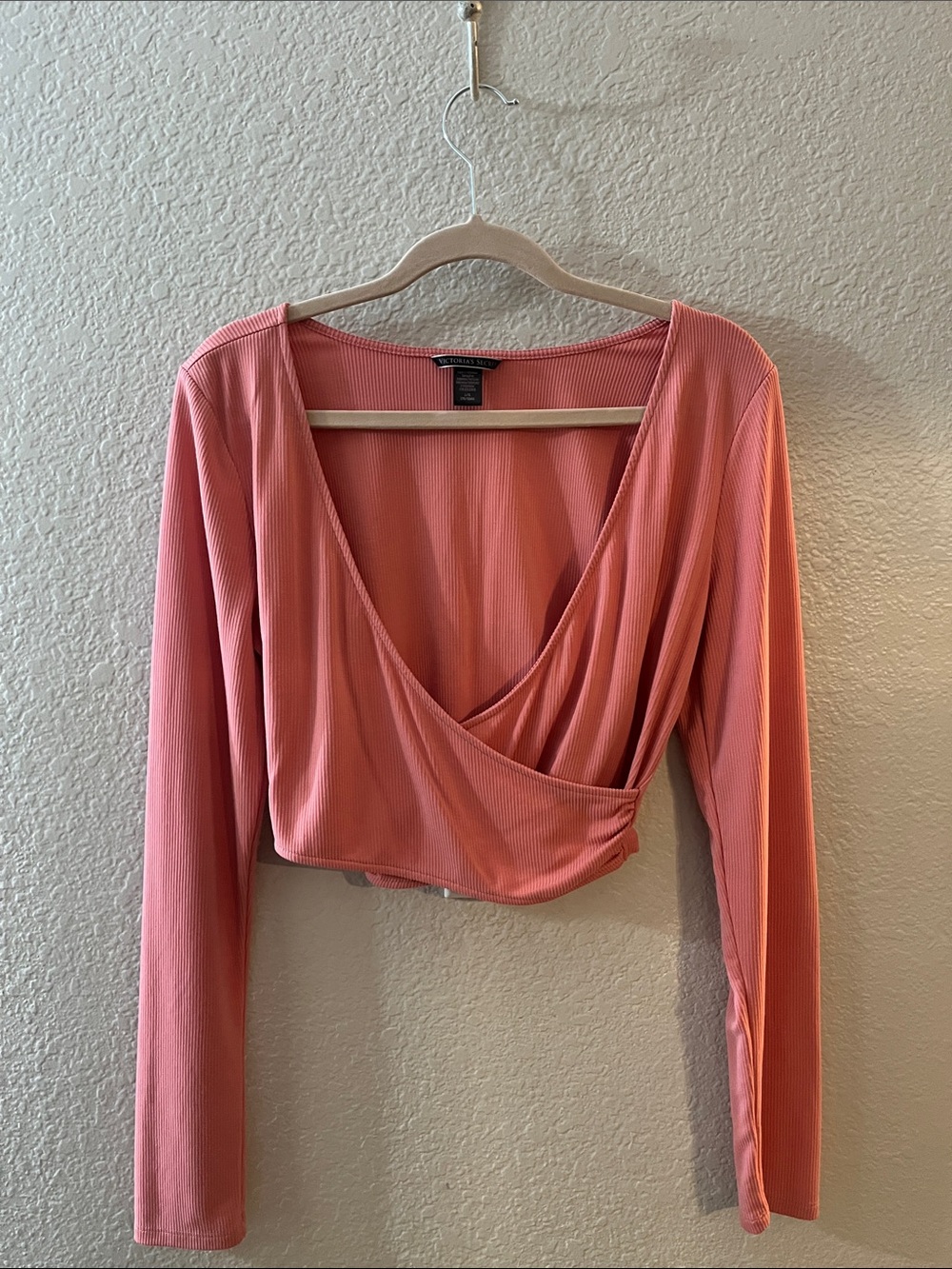Victoria's Secret Ribbed Coral Pink Wrap Crop Top - Long Sleeve